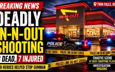 Breaking news YouTube thumbnail showing police vehicles surrounding an In-N-Out Burger in Twin Falls, Idaho, following a deadly mass shooting. The image features bold text highlighting three fatalities, seven injuries, an ongoing investigation, and police tape outside the restaurant.