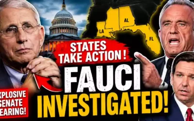 YouTube thumbnail featuring Dr. Anthony Fauci, Robert F. Kennedy Jr., and Florida Governor Ron DeSantis with the U.S. Capitol and highlighted map of Louisiana, Alabama, and Florida following a Senate hearing that renewed debate over COVID-19 accountability.