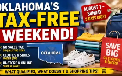 YouTube thumbnail promoting Oklahoma's Annual Tax-Free Weekend featuring bold text, clothing, shoes, backpack, shopping bag, and information about tax-free savings on qualifying clothing and footwear purchases under $100 during Oklahoma's sales tax holiday.