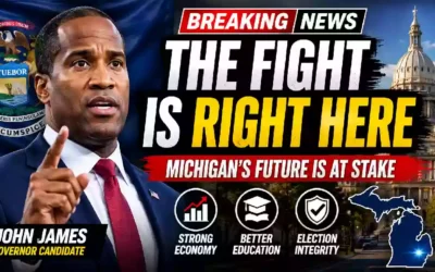 Republican Michigan gubernatorial candidate John James speaks during his 2026 campaign as a YouTube breaking news thumbnail highlights the Michigan governor race, state Capitol, and the slogan "The Fight Is Right Here."