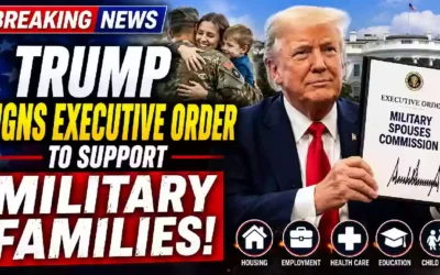 President Donald Trump displays an executive order establishing the Military Spouses Commission as part of a White House initiative supporting military families.