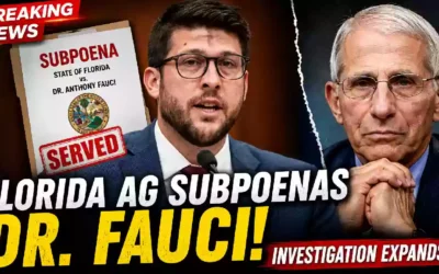Florida Attorney General James Uthmeier and Dr. Anthony Fauci featured in a breaking news thumbnail about Florida issuing a subpoena as part of a COVID-19 investigation.
