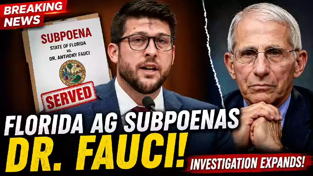 Florida Attorney General James Uthmeier and Dr. Anthony Fauci featured in a breaking news thumbnail about Florida issuing a subpoena as part of a COVID-19 investigation.