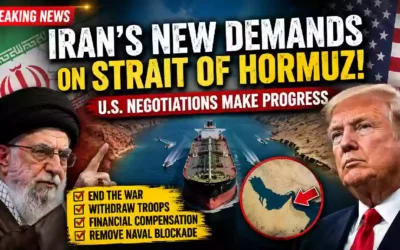Iran's new demands for reopening the Strait of Hormuz as U.S.-Iran negotiations continue, featuring Donald Trump, Iran's Supreme Leader, and an oil tanker navigating the strategic waterway.