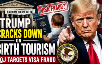 Trump administration birth tourism crackdown after Supreme Court birthright citizenship ruling, with U.S. Supreme Court, Donald Trump, baby, passport and DOJ visa fraud imagery
