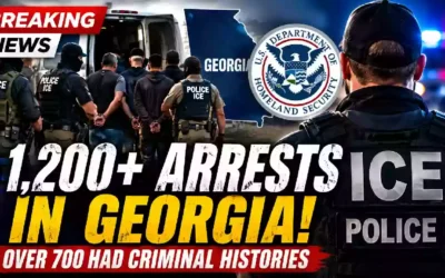 YouTube thumbnail showing ICE officers during a Georgia immigration enforcement operation with bold text highlighting more than 1,200 arrests and over 700 individuals with criminal histories, according to ICE officials.