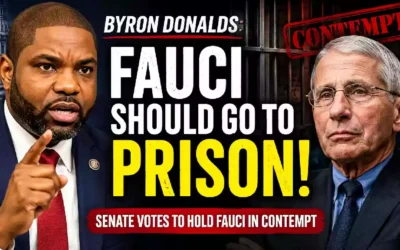 Rep. Byron Donalds speaks as Dr. Anthony Fauci is shown beside prison bars in a YouTube thumbnail about Donalds backing the Senate contempt vote and calling for Fauci to face prison over the COVID-19 response.