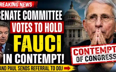 YouTube thumbnail showing Senator Rand Paul and Dr. Anthony Fauci with the U.S. Capitol in the background and bold text reading "Senate Committee Votes to Hold Fauci in Contempt," highlighting the Senate committee's contempt referral to the Department of Justice.