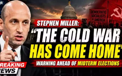 Stephen Miller speaks during a political interview as a YouTube thumbnail highlights his warning that "The Cold War Has Come Home" ahead of the U.S. midterm elections, featuring the U.S. Capitol, American flag, and protest imagery.