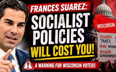Francis Suarez warning about the potential cost of progressive policies and higher taxes in Wisconsin, with Wisconsin Capitol imagery