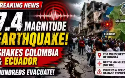 7.4-magnitude earthquake shakes Colombia and Ecuador, showing damaged buildings, evacuated residents, earthquake map, and seismic activity