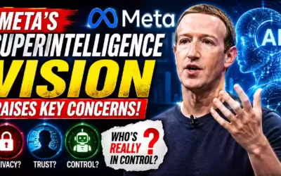Mark Zuckerberg Meta superintelligence AI vision raises privacy and trust concerns, with artificial intelligence graphics and questions about control