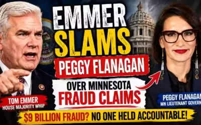 Tom Emmer and Peggy Flanagan featured in a political news graphic about Minnesota fraud claims and the 2026 election