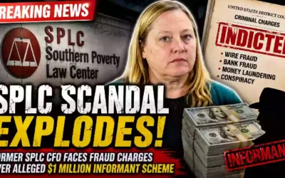 Former SPLC CFO faces federal fraud charges in alleged $1 million informant payment scheme, with Southern Poverty Law Center building, court indictment document, and money shown in breaking news graphic.