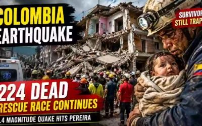 Colombia earthquake aftermath showing collapsed buildings, rescue workers, ambulance and a rescuer holding a baby as search efforts continue after a reported 7.4-magnitude earthquake