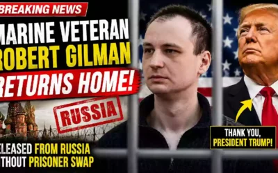 Breaking news thumbnail depicting an American Marine veteran behind prison bars alongside President Donald Trump, with Russia imagery and text about his release without a prisoner swap