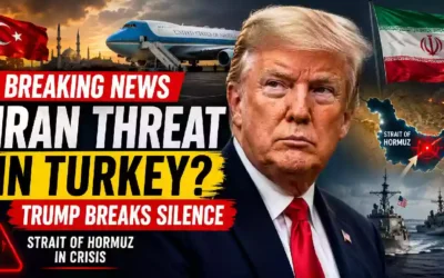 Donald Trump pictured with Air Force One, Turkey and Iran flags, and Strait of Hormuz imagery highlighting a reported Iranian threat during the NATO summit in Turkey.