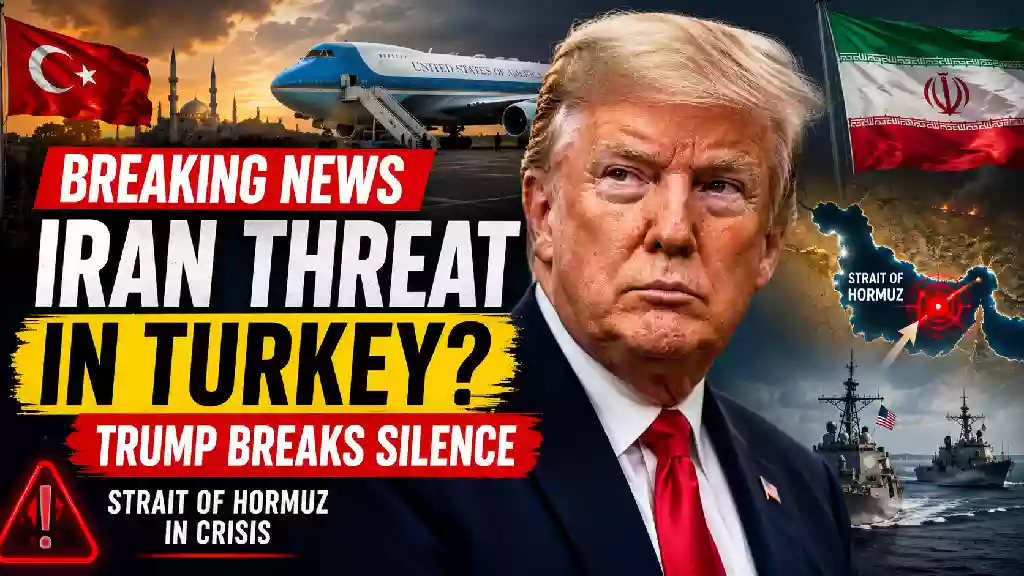 Donald Trump pictured with Air Force One, Turkey and Iran flags, and Strait of Hormuz imagery highlighting a reported Iranian threat during the NATO summit in Turkey.