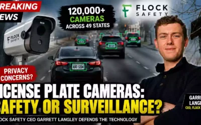 Flock Safety license plate cameras and CEO Garrett Langley featured in a news thumbnail about privacy and surveillance concerns