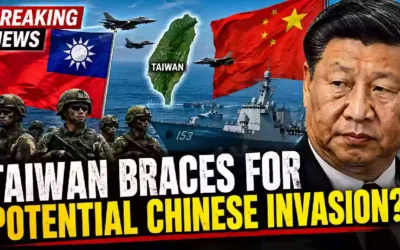 Taiwan military drills raise concerns over potential Chinese invasion, featuring Taiwan and China flags, fighter jets, warship, soldiers, and Chinese President Xi Jinping