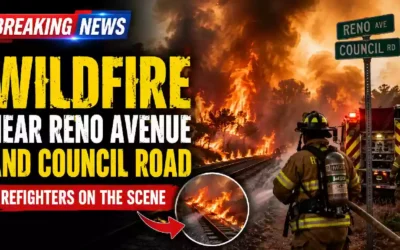 Oklahoma City wildfire near Reno Avenue and Council Road with firefighters battling flames along railroad tracks