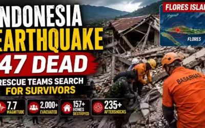 Indonesia earthquake thumbnail showing collapsed buildings and rescue workers searching rubble after a powerful 7.7-magnitude earthquake on Flores Island, with 47 deaths reported and thousands evacuated.