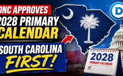 DNC approves 2028 Democratic primary calendar with South Carolina first, featuring South Carolina map, Democratic Party logo, U.S. Capitol and 2028 primary calendar graphic