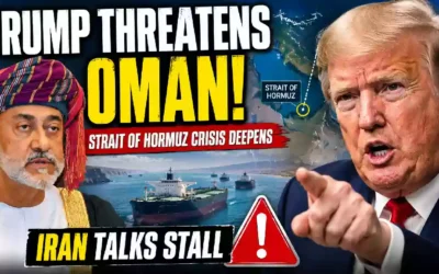Donald Trump points forward as an Omani official appears beside a Strait of Hormuz shipping scene, highlighting rising U.S.-Oman tensions, Iran talks and the Strait of Hormuz crisis.