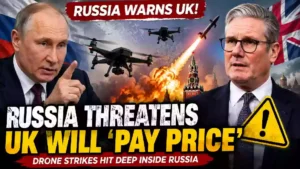 Russia threatens UK over Ukraine drone strikes deep inside Russia, featuring Vladimir Putin, British Prime Minister Keir Starmer, military drones, missile attack, Kremlin, and UK flag.