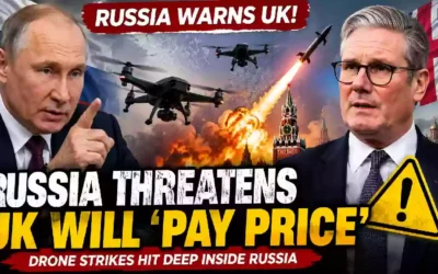 Russia threatens UK over Ukraine drone strikes deep inside Russia, featuring Vladimir Putin, British Prime Minister Keir Starmer, military drones, missile attack, Kremlin, and UK flag.