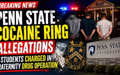 Penn State cocaine ring allegations involving students, fraternity drug operation, handcuffed suspects, police lights and university campus
