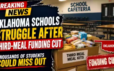 Oklahoma schools struggle after third-meal funding cut, with school meal kits shown in an empty cafeteria