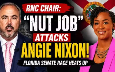 RNC Chairman Joe Gruters and Florida Democratic Senate candidate Angie Nixon featured in a political news thumbnail highlighting escalating tensions in the Florida Senate race over socialism and campaign messaging ahead of the 2026 election.