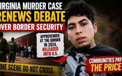 Virginia murder case and border security debate thumbnail featuring a suspect, Border Patrol agents, U.S.-Mexico border, and crime scene imagery