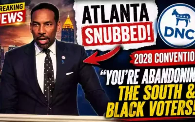 Atlanta DNC 2028 convention snub thumbnail showing a Black male speaker at a podium with Atlanta skyline, DNC logo and headline about abandoning the South and Black voters