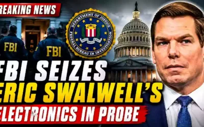 Eric Swalwell FBI investigation thumbnail showing FBI agents, Department of Justice seal, U.S. Capitol and former Congressman Eric Swalwell