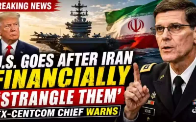 U.S. pressure campaign against Iran featuring an aircraft carrier, Iranian flag, and former CENTCOM commander Joseph Votel discussing tougher financial sanctions