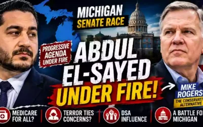 Abdul El-Sayed and Mike Rogers face off in a dramatic Michigan Senate race graphic highlighting progressive politics, Medicare for All, DSA influence and Republican opposition.