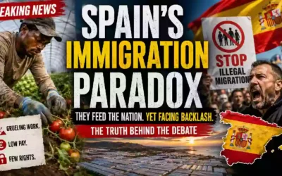 Spain immigration paradox showing a migrant agricultural worker harvesting tomatoes in Almeria greenhouses alongside an anti-immigration protest, highlighting migrant labor and Spain’s immigration debate.