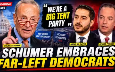 Chuck Schumer pictured alongside a U.S. Capitol backdrop with headline about his support for progressive Democrats ahead of the 2026 midterm elections.