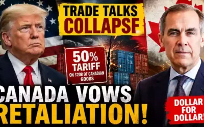 Donald Trump and Canadian Prime Minister Mark Carney featured in a dramatic U.S.-Canada trade dispute graphic showing 50% tariffs on $20 billion of Canadian goods and Canada's retaliation threat.