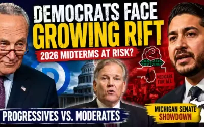 Democrats face growing rift as progressive and moderate factions clash ahead of the 2026 midterm elections, featuring Chuck Schumer, Mark Rogers and Abdul El-Sayed with the U.S. Capitol