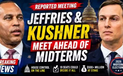 Hakeem Jeffries and Jared Kushner featured in a breaking news graphic about their reported meeting ahead of the 2026 midterm elections, with the U.S. Capitol in the background and House control at stake.