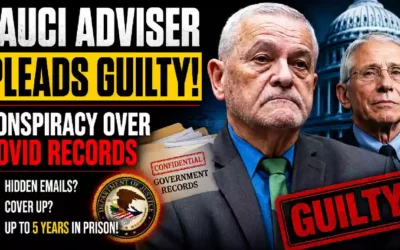 David Morens and Anthony Fauci depicted in a news-style graphic about a federal conspiracy case involving COVID-19 research records and government communications.
