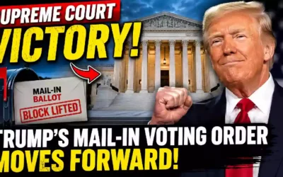 Supreme Court gives Trump temporary victory as mail-in voting order moves forward, featuring Donald Trump, the U.S. Supreme Court building, and a mail-in ballot marked block lifted.