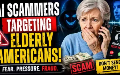 AI scammers targeting elderly Americans with fraudulent phone calls, financial scams, and pressure tactics, featuring a worried senior woman receiving a suspicious call