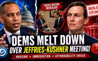 Hakeem Jeffries and Jared Kushner featured in a dramatic political thumbnail highlighting Democratic backlash over their reported meeting and discussions about housing, immigration and the affordability crisis.