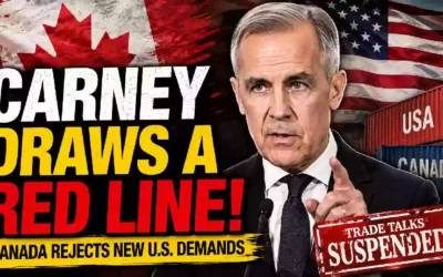Mark Carney draws a red line as Canada suspends U.S. trade talks over new American demands, with Canadian and U.S. flags and trade containers in the background.