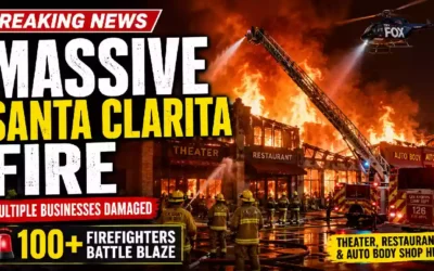 Dramatic Santa Clarita fire news graphic showing massive flames engulfing multiple businesses as more than 100 Los Angeles County firefighters battle the blaze with ladder trucks and emergency equipment.