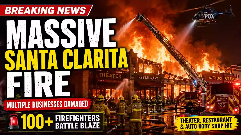 Dramatic Santa Clarita fire news graphic showing massive flames engulfing multiple businesses as more than 100 Los Angeles County firefighters battle the blaze with ladder trucks and emergency equipment.